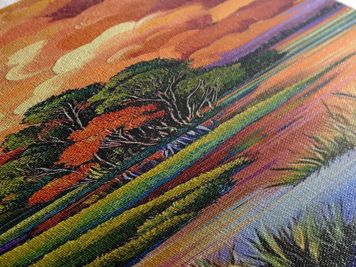 Autumn Marsh, Sunset Glow, Serene Trees, Framed Canvas Print, warm fall landscape art, peaceful country home decor, boho wall design