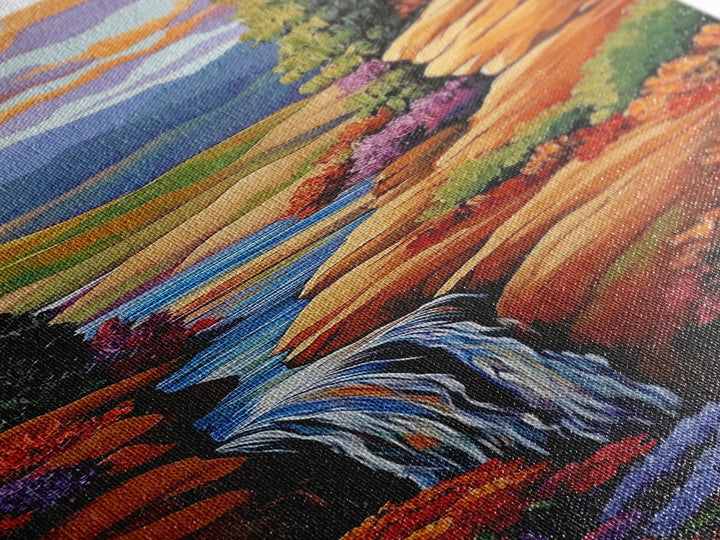 Autumn Waterfall, Flowers, Pathway, Framed Canvas Print, fall waterfall art, floral canyon decor, rustic landscape, living room wall art