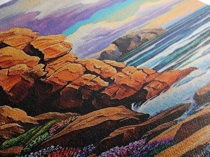 Coastal Cliffs, Ocean, Sunset, Framed Canvas Print, Bold coastal cliffs wall art, dramatic seascape beach decor, contemporary ocean painting