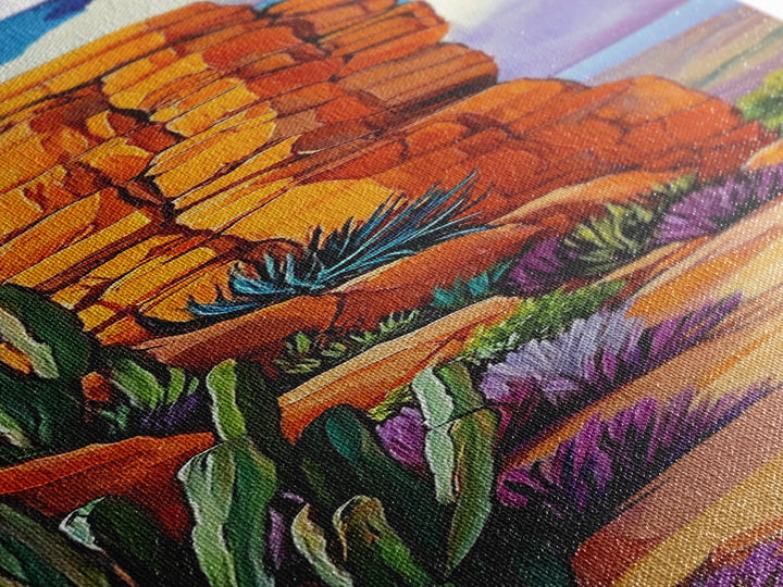 Desert Rock, Cactus, Trail – Canvas Print desert landscape art, boho western decor, rustic cactus painting, hallway wall decor, earthy tones