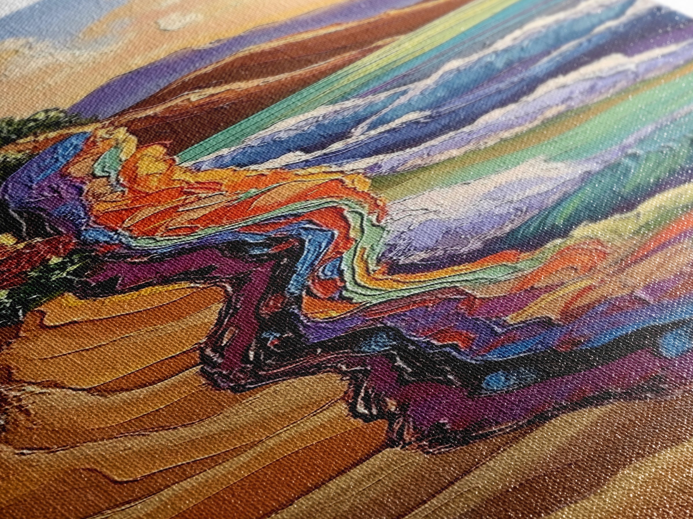 Cliffside Ocean, Rainbow, Waves – Canvas Print bold beach artwork, coastal living room art, tropical ocean scene, textured vibrant painting