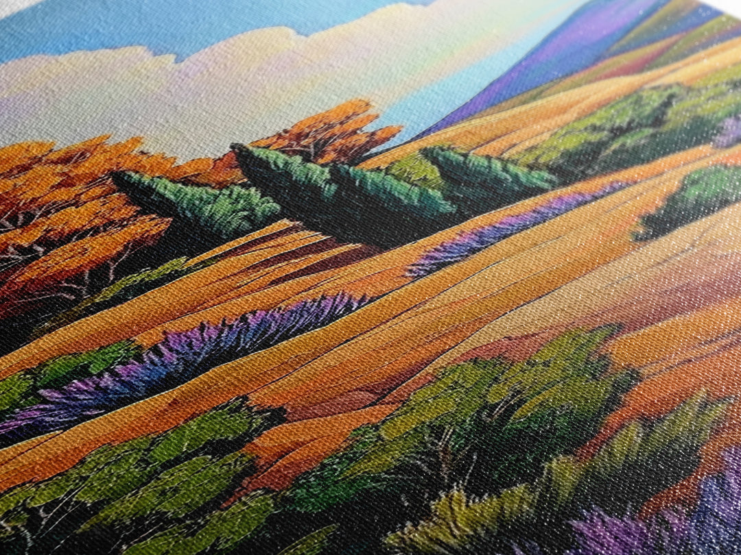 Autumn Hillside, Trees, Landscape — Framed Canvas Print of fall countryside with trees, perfect Fall Bedroom Art or Rustic Living Room Wall Art