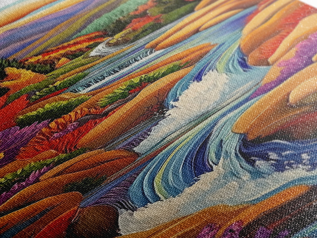 Autumn Waterfall, Mountain, River — Canvas Print of fall mountain river scene, great for Rustic Cabin Decor or Autumn Living Room Wall Art