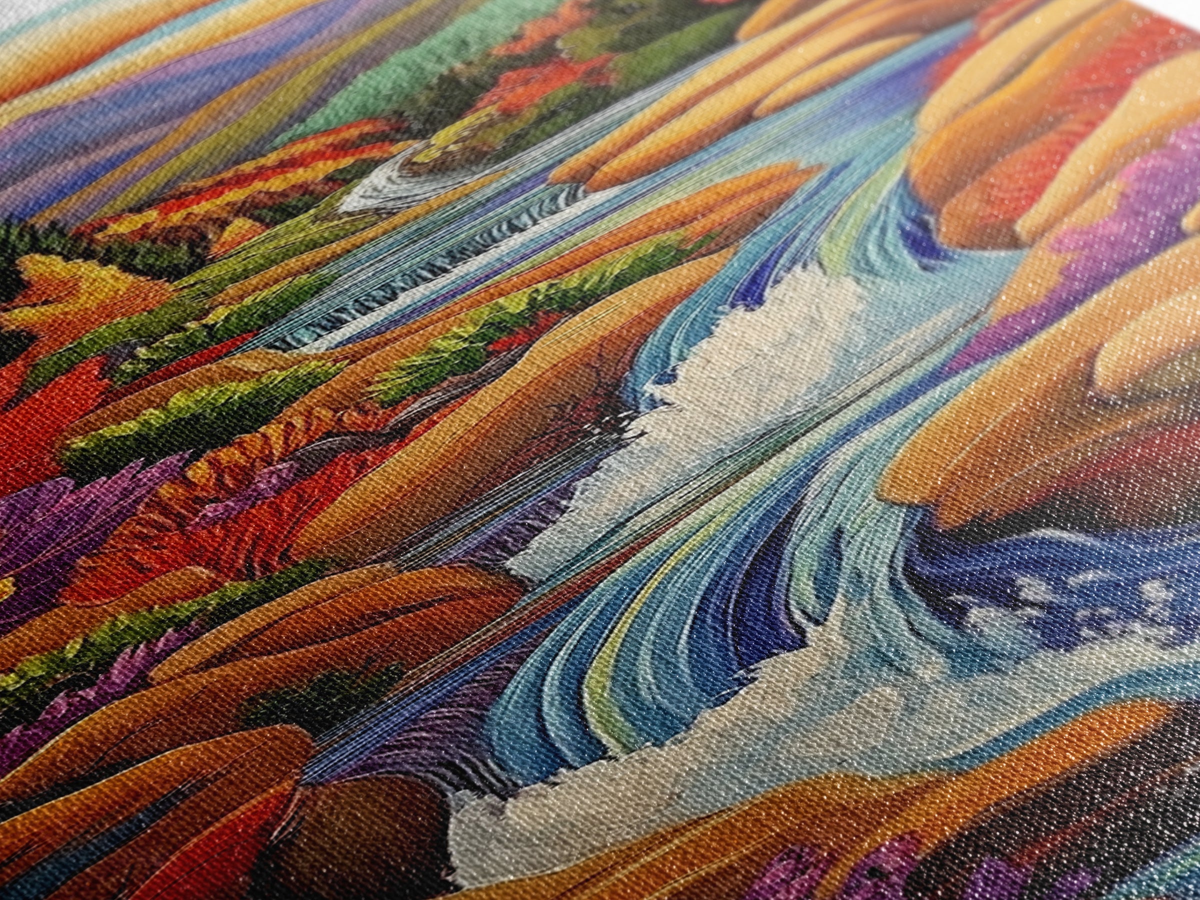 Autumn Waterfall, Mountain, River — Canvas Print of fall mountain river scene, great for Rustic Cabin Decor or Autumn Living Room Wall Art