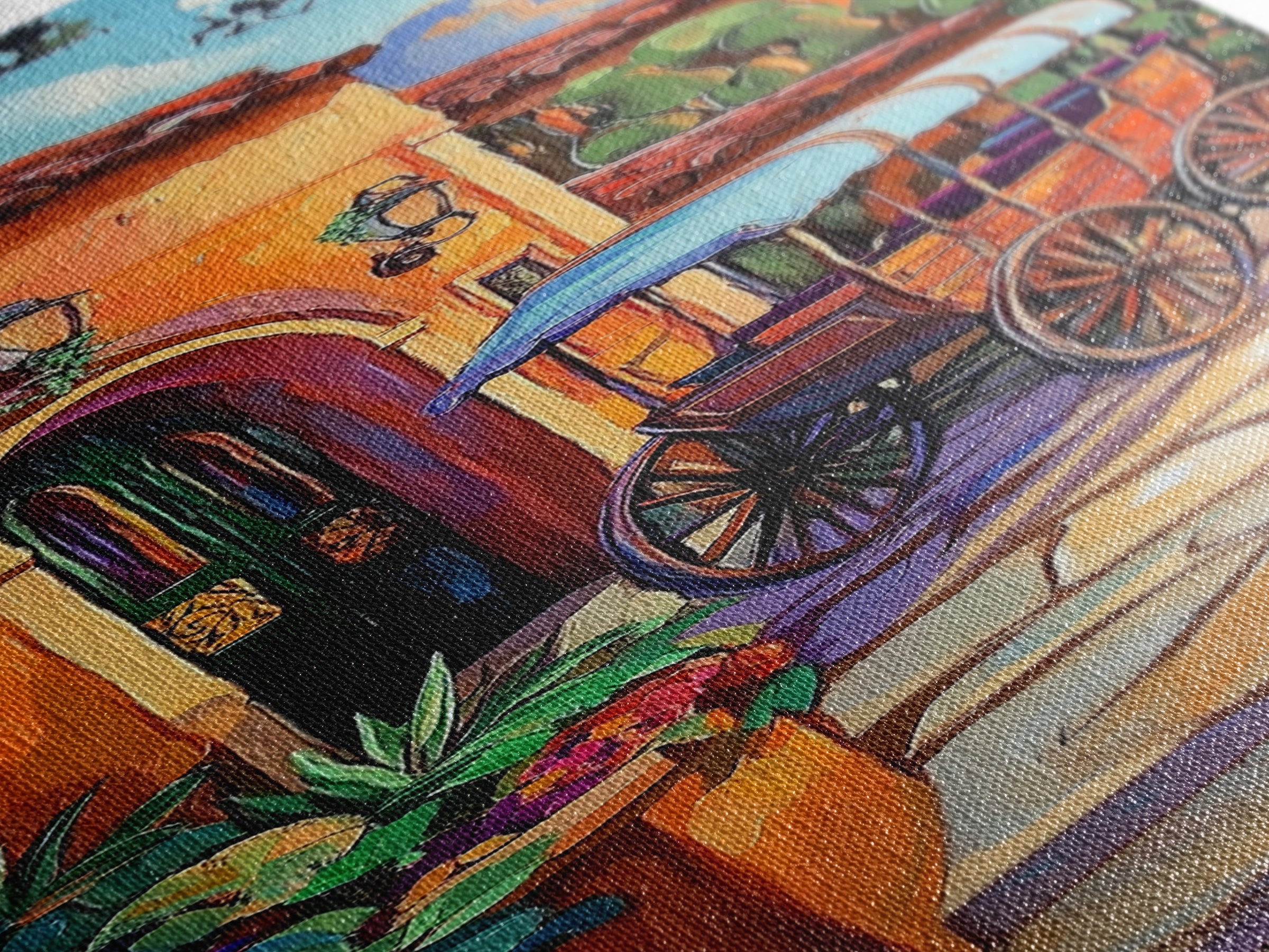 Cart Villa, Garden, Framed Canvas Print, Vibrant Mexican courtyard with wooden cart painting, hacienda decor, hallway rustic wall art