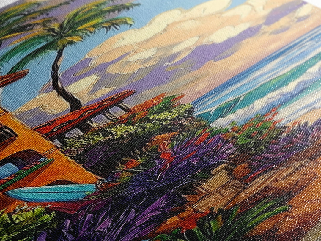 Coastal Villa, Surf, Tropics Canvas Print Mediterranean villa by the sea art, surfboard and tropical plants, boho beach decor, hallway print