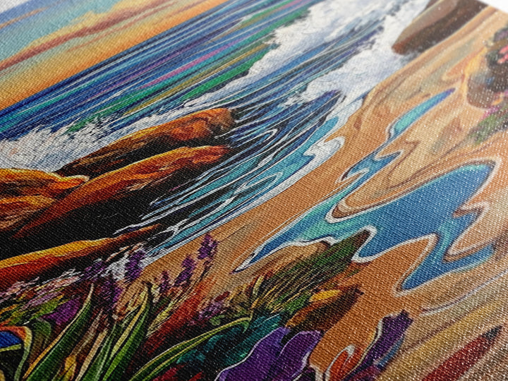 Beach Path, Rocks, Canvas Print, Coastal Wall Art, Nature Inspired Hallway Decor, Vibrant Ocean Scene, Boho Beach Aesthetic