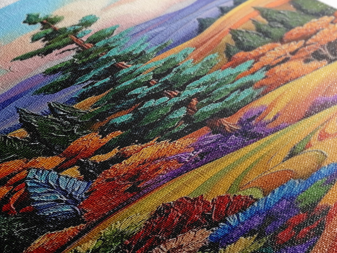 Autumn Pathway, Fields Vibrant — Framed Canvas Print, fall landscape painting, rustic farmhouse decor, countryside path wall art, living room