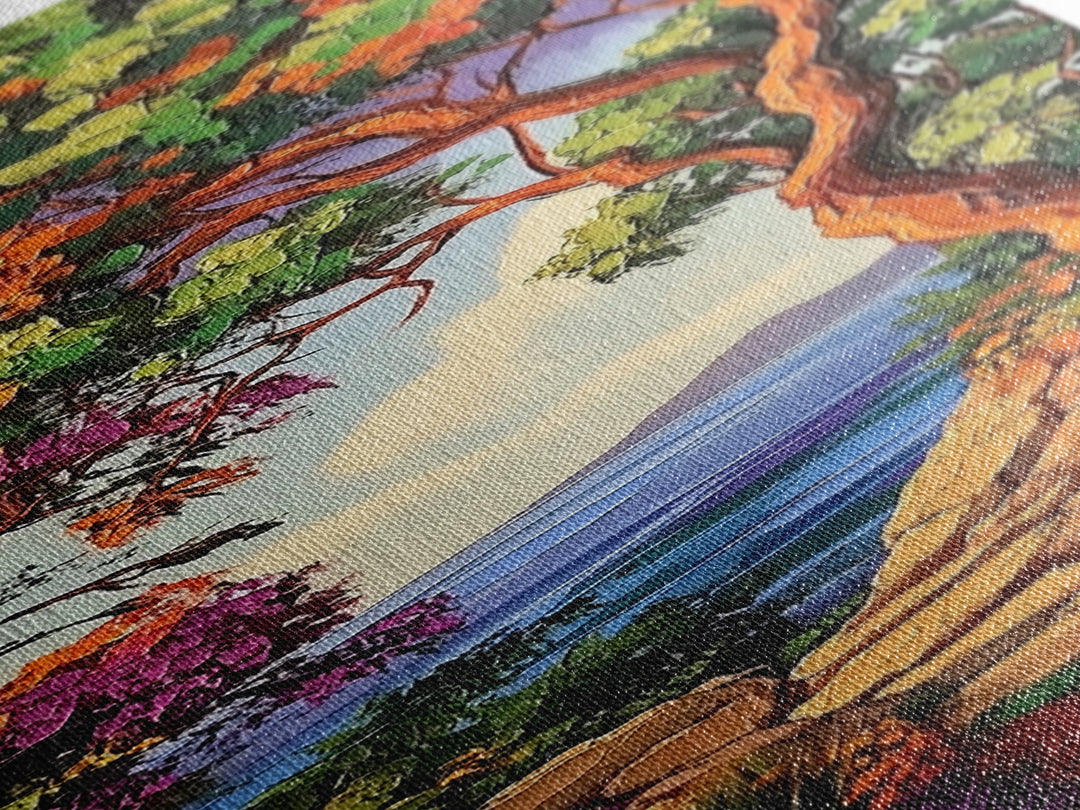 Coastal Trail,Trees,Escape — Framed Canvas Print, tropical coastal decor, beachside nature wall art, entryway or hallway boho painting