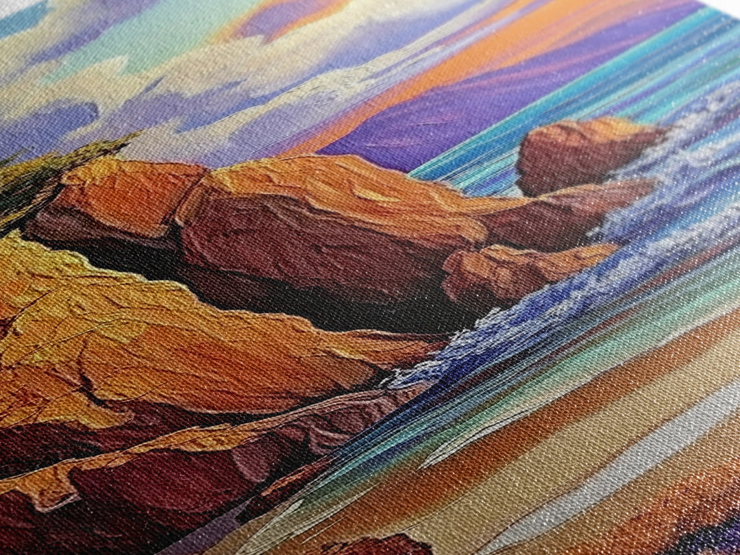 Rocky Coast, Ocean Cliffs, Sunset Mountain Seascape, Framed Canvas Print, Nature Landscape Wall Art, Fall Living Room Wilderness Decor