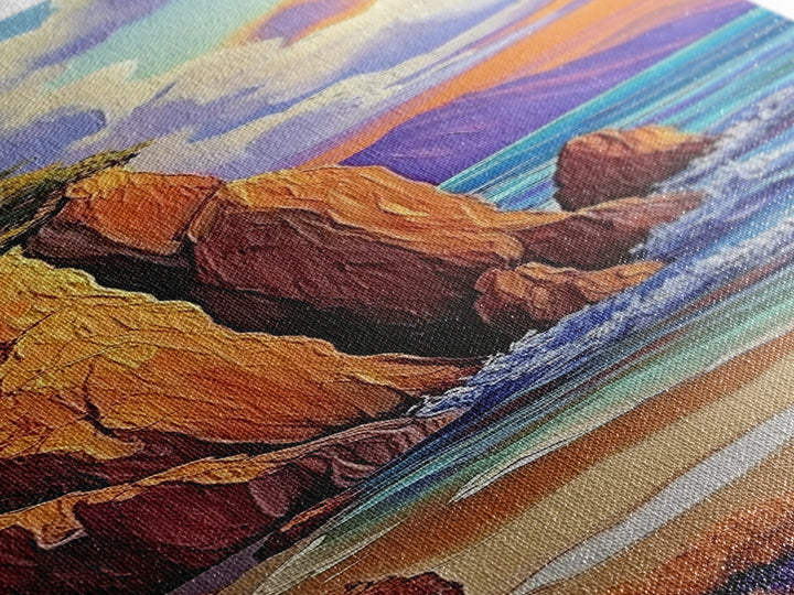 Rocky Coast, Ocean Cliffs, Sunset Mountain Seascape, Framed Canvas Print, Nature Landscape Wall Art, Fall Living Room Wilderness Decor