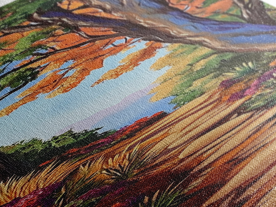 Autumn Pathway, Forest, Nature — Framed Canvas Print of scenic forest path with fall trees, cozy rustic living room wall decor, woodland art