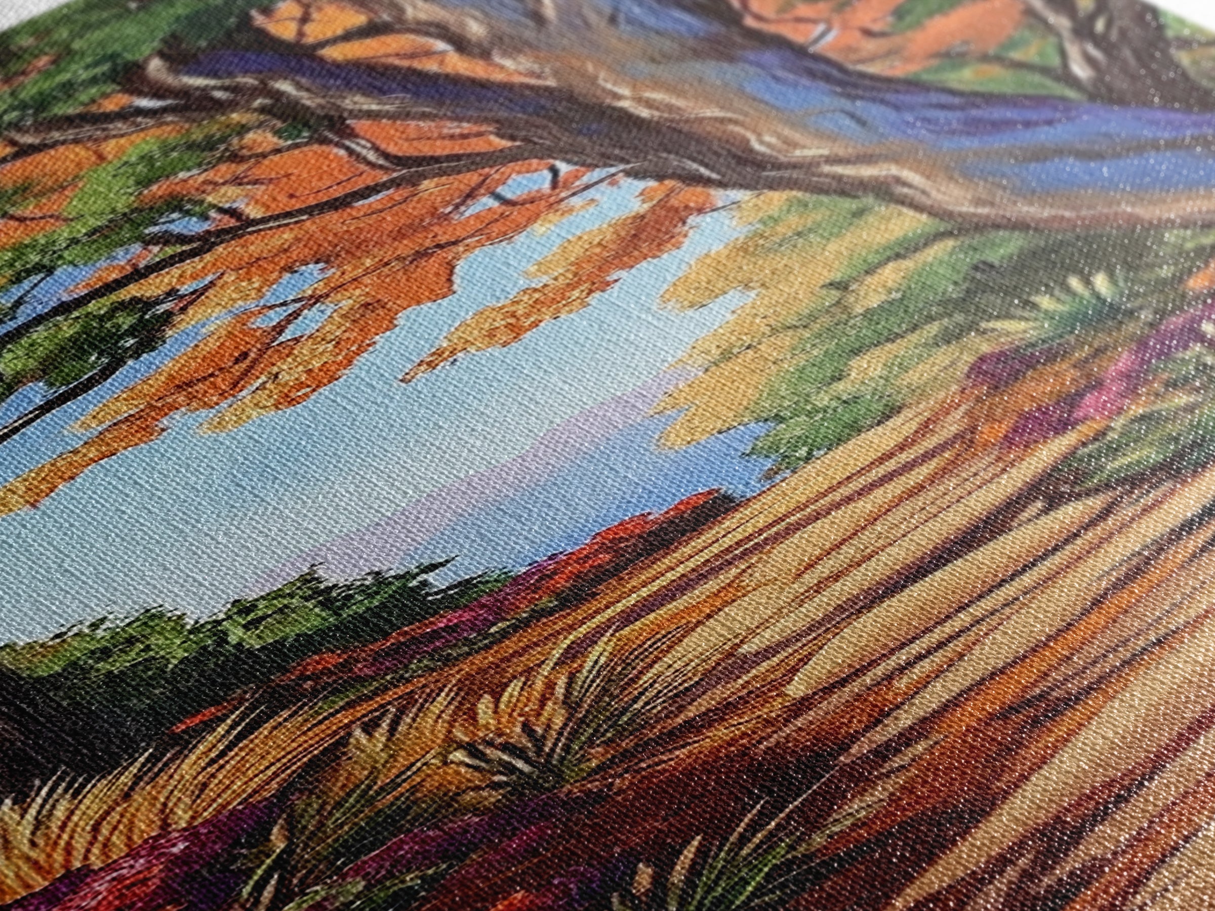 Autumn Pathway, Forest, Nature — Framed Canvas Print of scenic forest path with fall trees, cozy rustic living room wall decor, woodland art