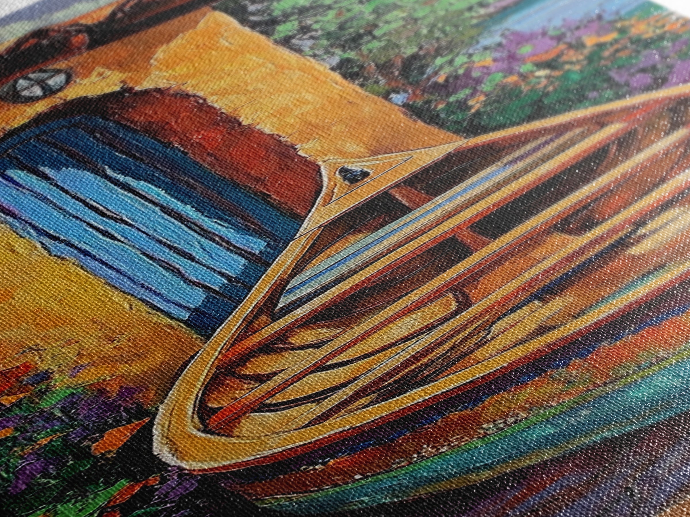 Docked Boat Flowers Villa, Framed Canvas Print, Mediterranean coastal home decor, bright rustic art, hallway wall art, summer lakehouse print