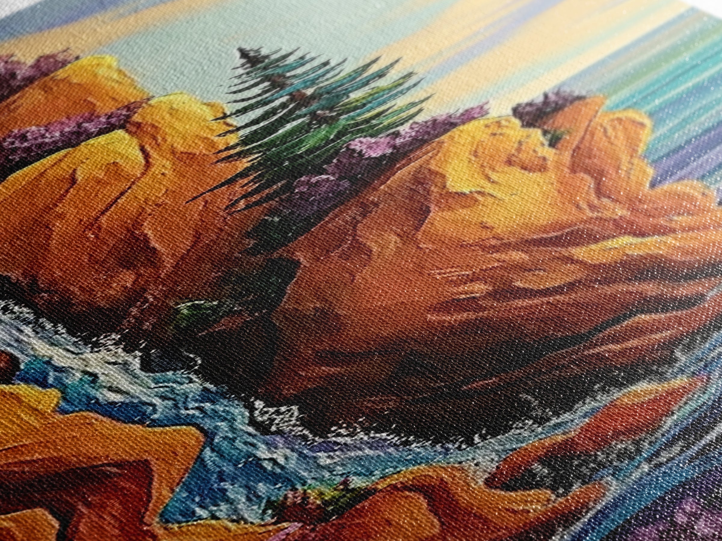 Coastal Cliffside, Waterfall, Pines - Framed Canvas Print, vibrant coastal landscape art, boho nature painting, hallway or office wall art