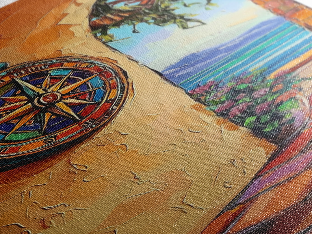 Coastal Compass, Archway View, Framed Canvas Print, Mediterranean boho home decor, nautical hallway wall art, vibrant beach escape