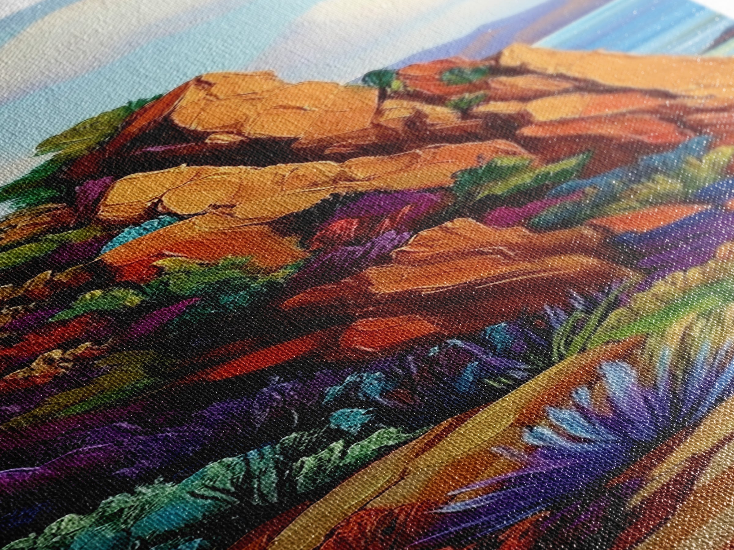 Cliff Trail, Seaside, Vista, Framed Canvas Print, nature hiking trail painting, boho wall decor, mountain sea view artwork, living room print