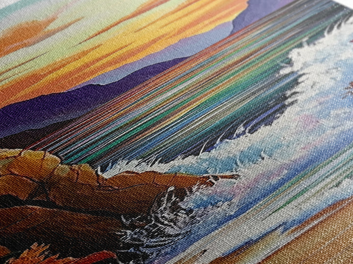 Coastal Sunset Waves Garden, Framed Canvas Print, Ocean beach sunset painting, floral wall decor, coastal fall home art, bohemian vibe