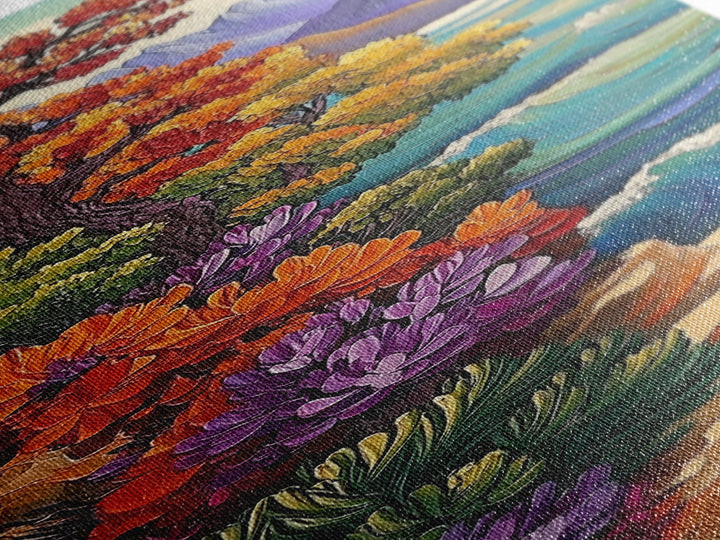 Autumn Cliff, Blossoms Ocean, Framed Canvas Print, fall coastal landscape art, mountainside floral decor, nature living room wall print