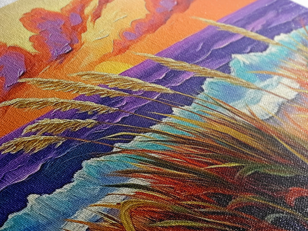Ocean Sunset, Dunes, Seagrass, Canvas Print beach landscape wall decor, coastal art, vibrant sunset painting, tropical boho home decor