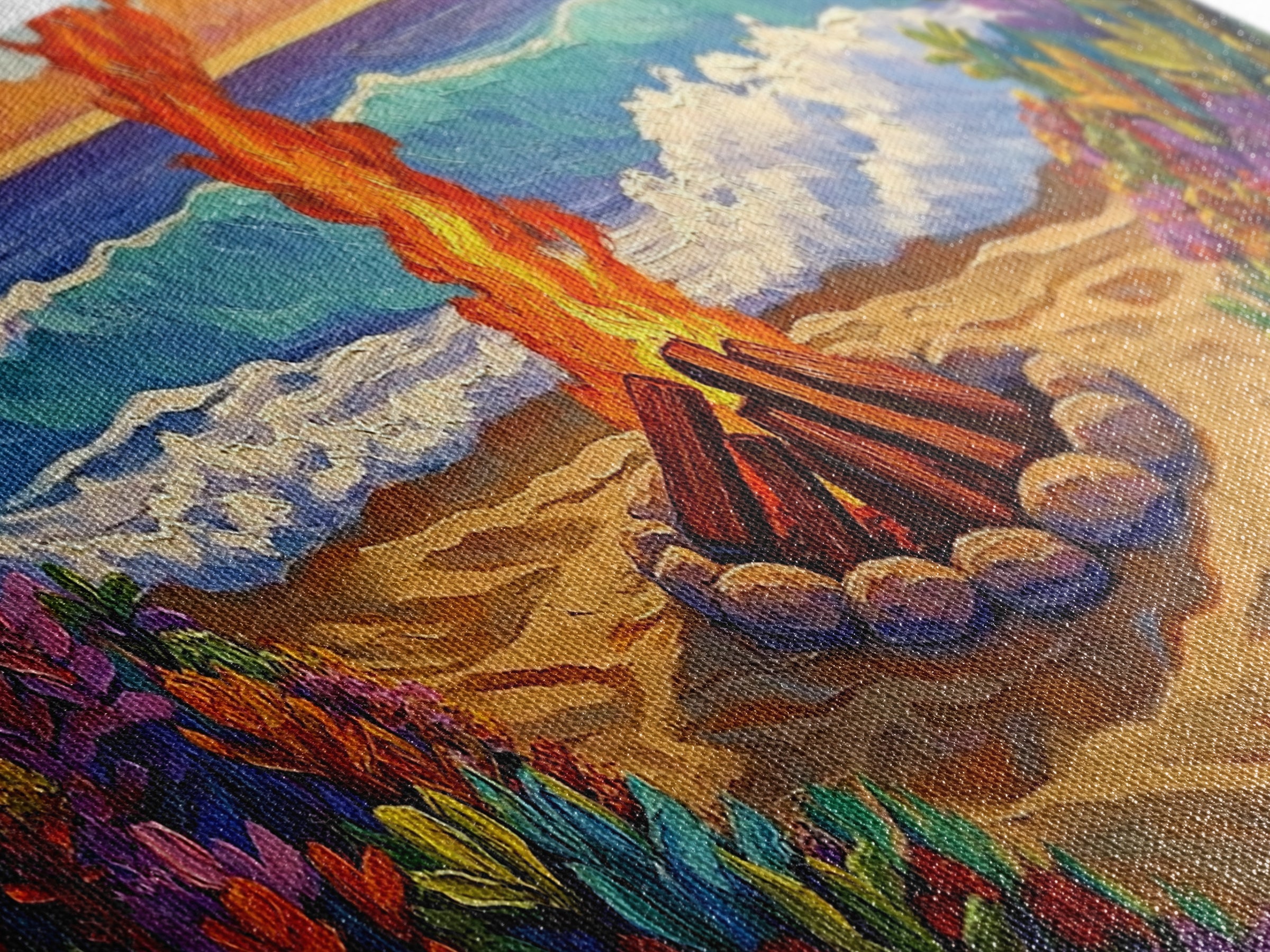 Fire Beach, Ocean, Framed Canvas Print, Sunset Beach Bonfire Painting, Vibrant Coastal Campfire Wall Art, Boho Living Room Decor