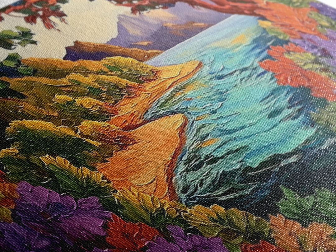 Colorful Coastal, Framed, Bright tropical coastal landscape view with water and foliage, Framed Canvas Print, living room wall art