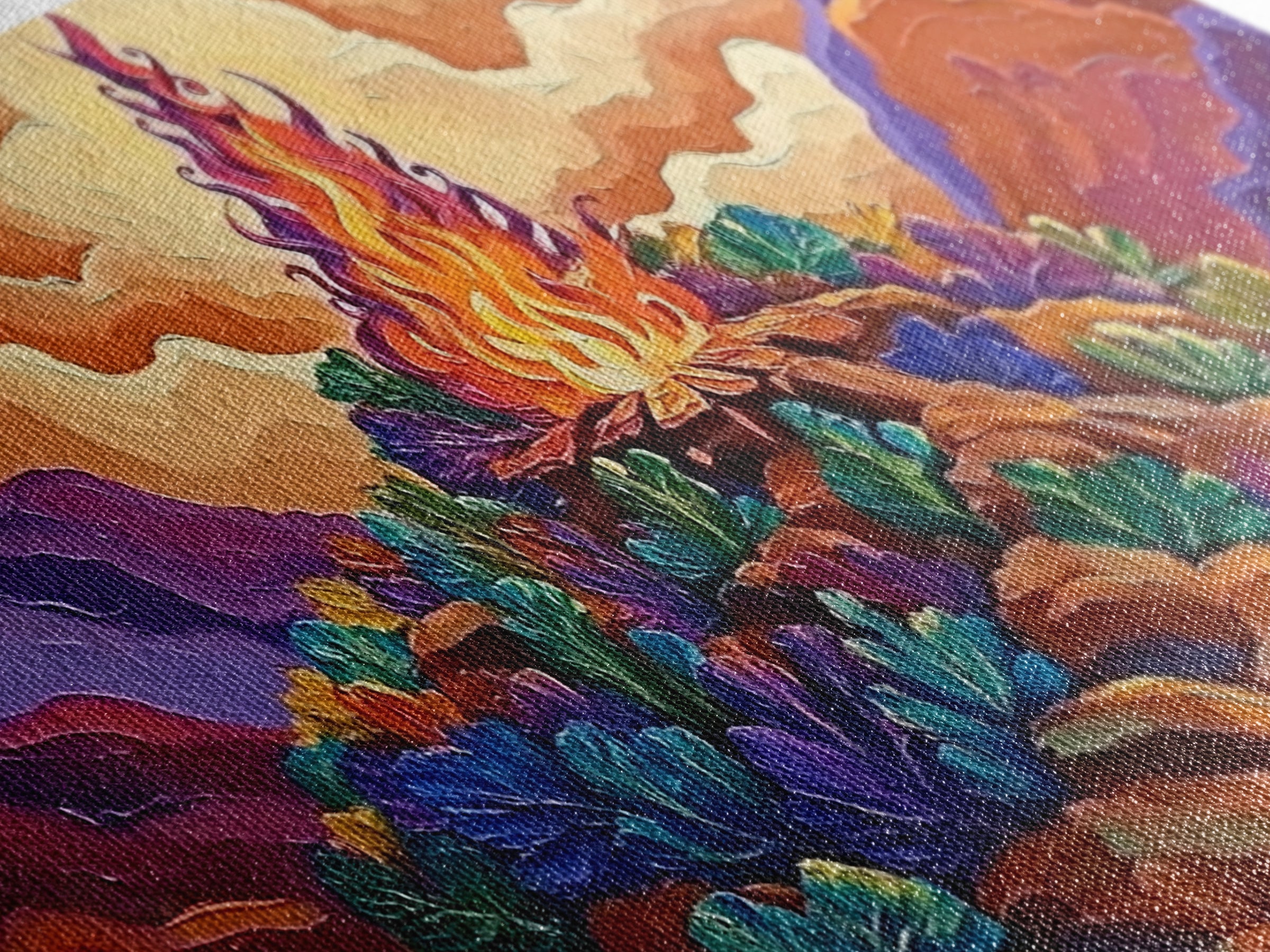 Campfire, Mountains, Glow, Vibrant campfire scene with colorful mountains and plants, Framed Canvas Print, rustic cabin wall art