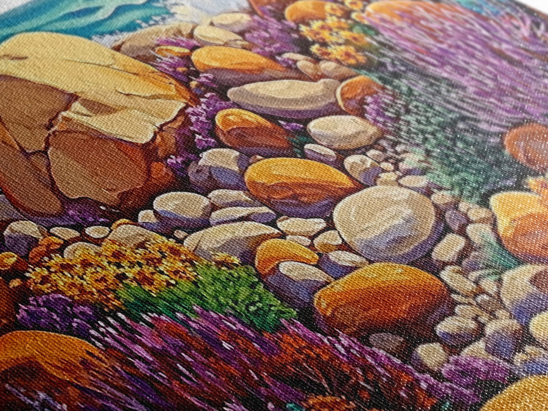 Coastal Garden, Rocks, Framed Canvas Print, Seaside nature landscape wall decor, Kitchen Wall Art, coastal art, vibrant summer vibe