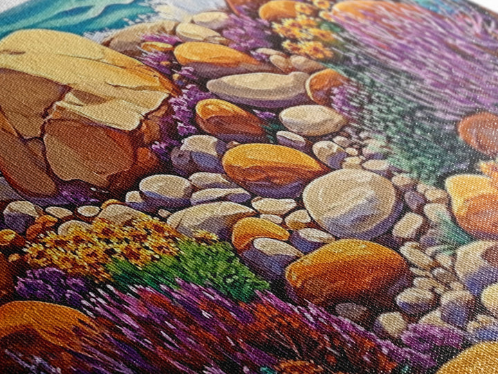 Coastal Garden, Rocks, Framed Canvas Print, Seaside nature landscape wall decor, Kitchen Wall Art, coastal art, vibrant summer vibe