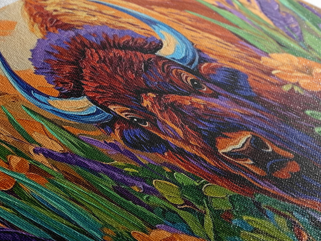 Buffalo Flowers, Bold, Canvas Print, Western bison face art, eclectic boho style, Living Room Wall Art, vibrant wildlife painting