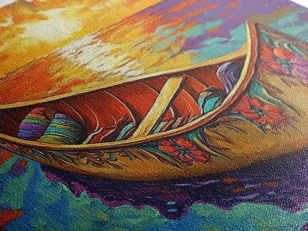 Canoe Sunset, Ocean, Solitude, Framed Canvas Print, Tranquil Beach Wall Art, Summer Decor, Nautical Painting, Living Room Accent