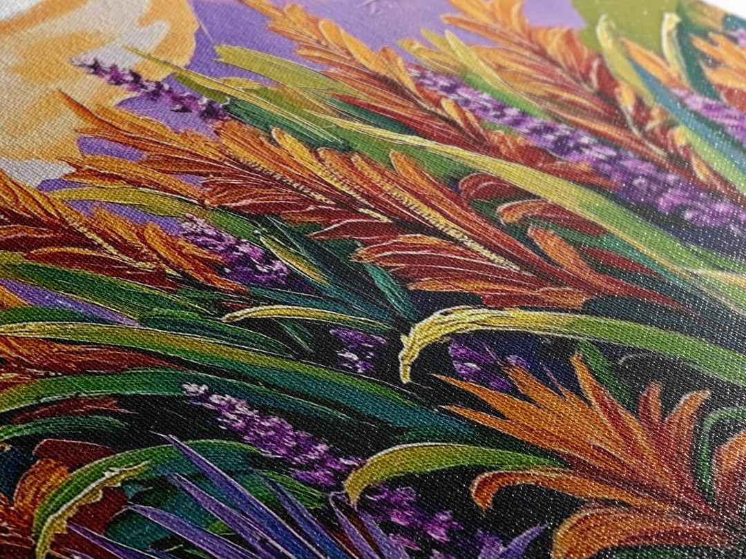 Botanical Sunset, Mountain, Framed Canvas Print, Vibrant Flower Field Painting, Nature Boho Wall Art, Sunset Hallway Decor