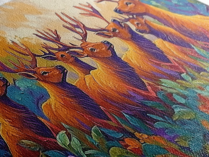 Deer Autumn, Forest, Scene, Framed Canvas Print wildlife cabin wall decor, vibrant Fall nature art, lodge living room print