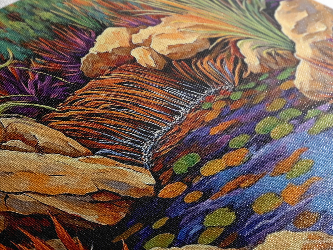 Desert Waterfall, Vibrant, Nature, Framed Canvas Print, desert oasis waterfall, Living Room Wall Art, colorful landscape painting