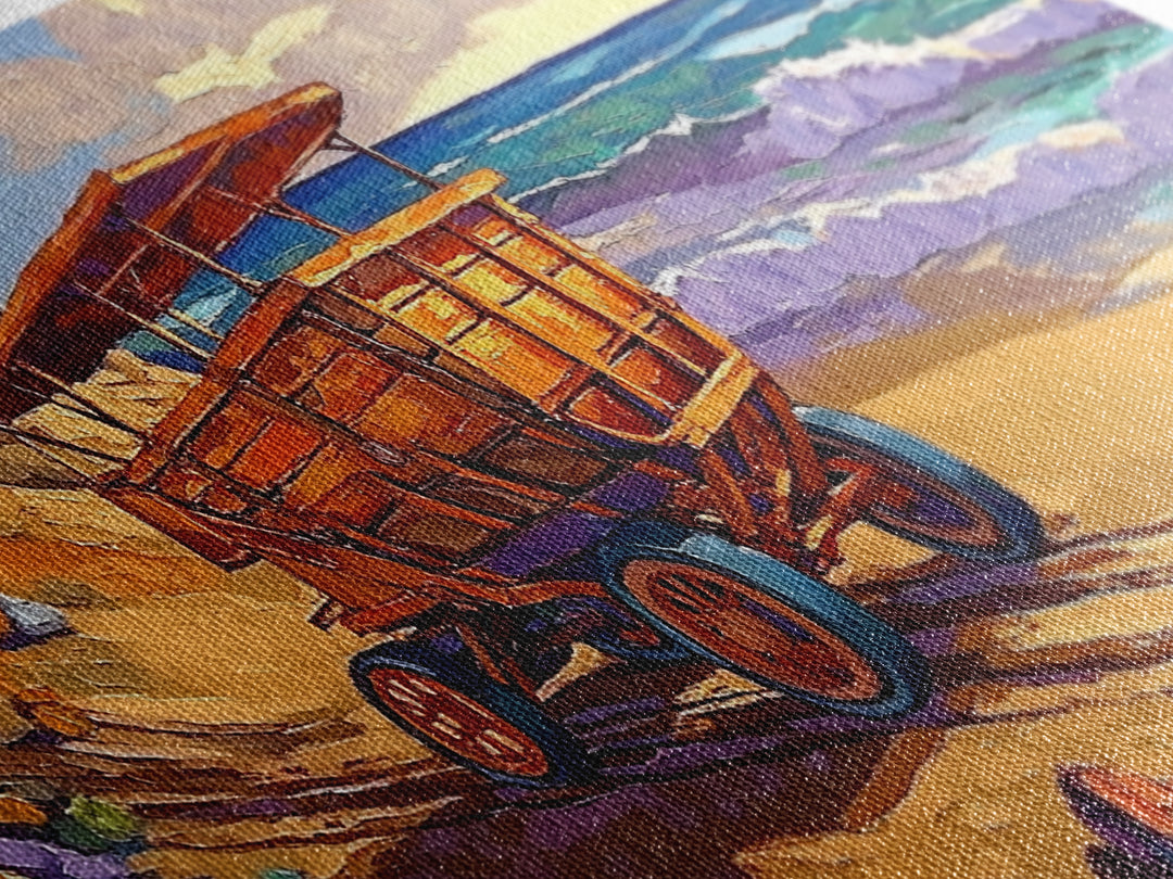 Coastal Cart, Tropical Beach, Ocean Shoreline, Framed Canvas Print, Rustic Wall Art, Coastal Living Room Decor, Summer Vibes Painting