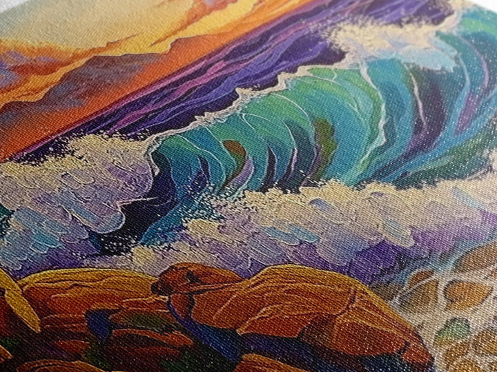 Coastal Splash, Sunset Rocks, Ocean Wave, Framed Canvas Print, Bold Nature Wall Art, Living Room Decor, Vibrant Seaside Artwork