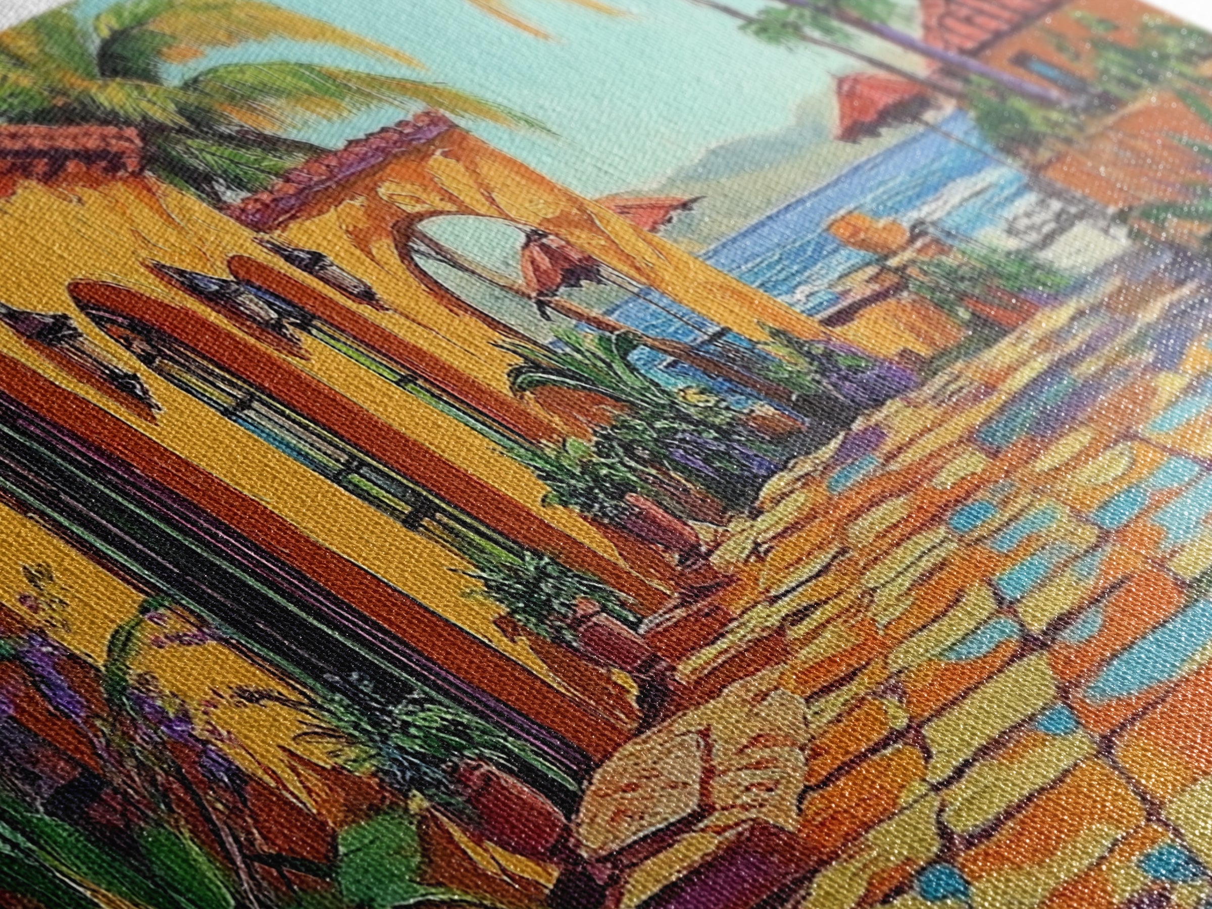 Coastal Patio, Palm View, Sunset, Canvas Print, Mexican beach terrace painting great Entryway Wall Art or Mediterranean Home Decor