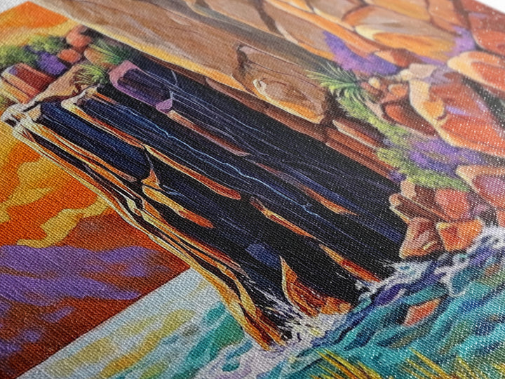 Desert Sunset, Cliffs, Nature, Framed Canvas Print, rocky cliffs and sea, Boho Living Room Wall Art, colorful sunset art, coastal vibes