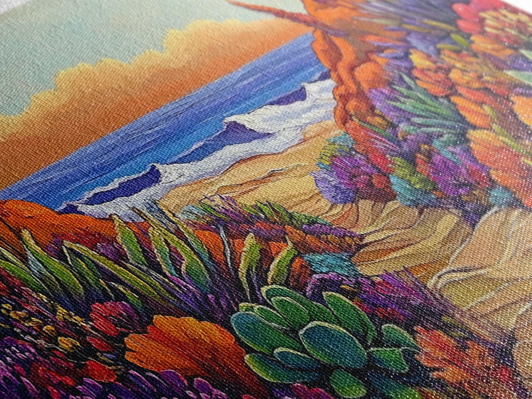 Beach Trail, Succulents, Ocean Path, Framed Canvas Print, Vibrant desert-to-ocean painting perfect Kitchen Wall Art or Boho Coastal Decor