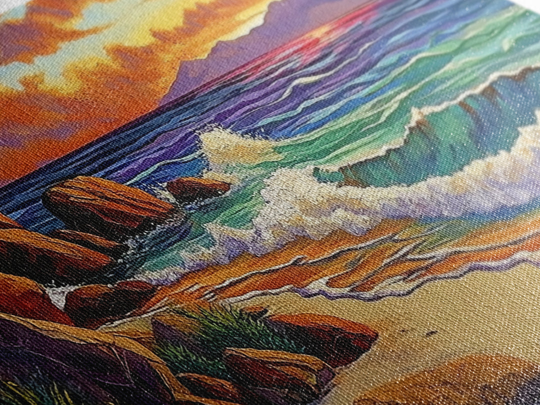 Coastal Sunset, Waves, Shore, Framed Canvas Print, ocean beach decor, seascape living room wall art, tropical boho coastal style