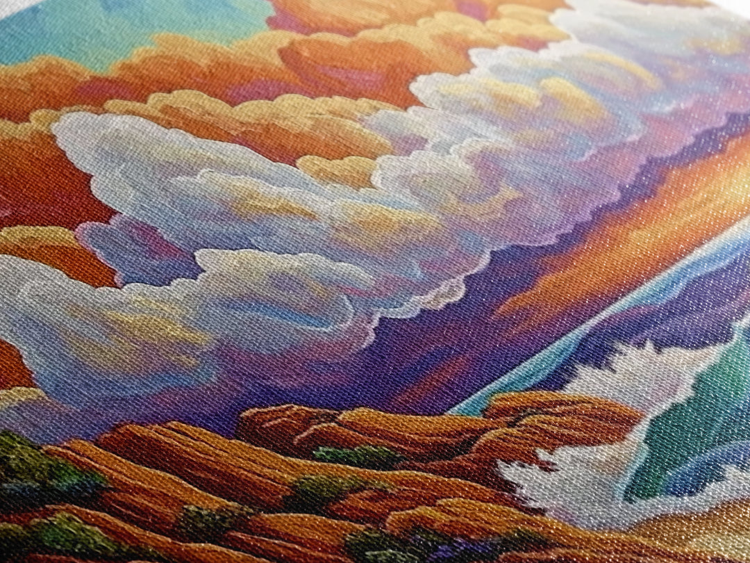 Clouds Ocean, Sunset, Dreamy, Framed Canvas Print, whimsical seascape, vibrant wave art, living room decor, beach wall art