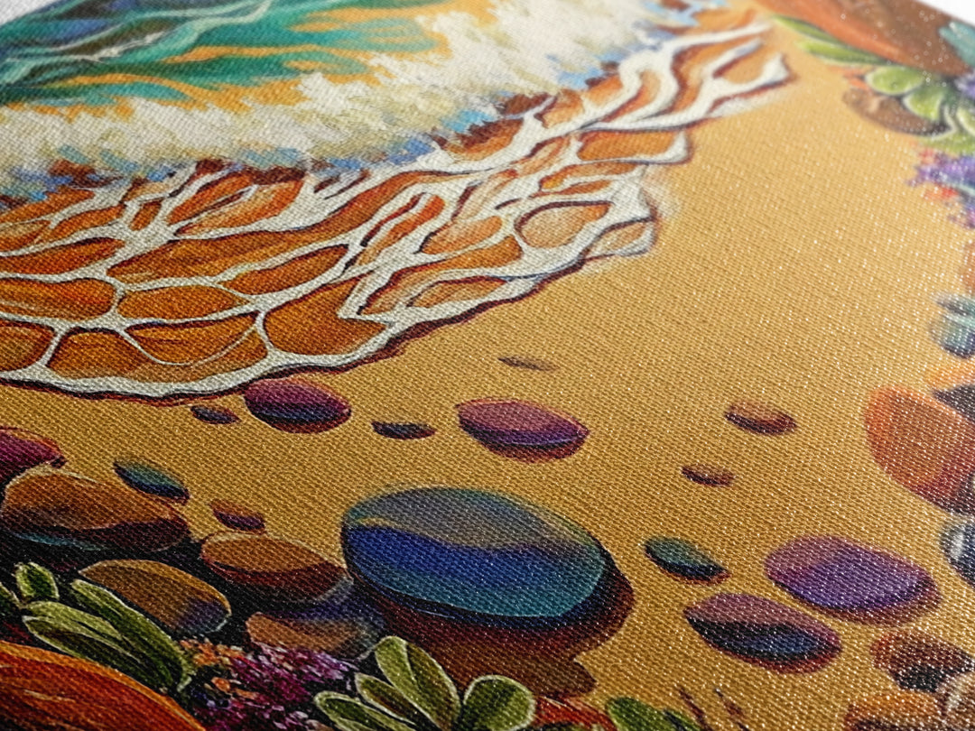 Coastal Shoreline, Footprints, Framed Canvas Print, Coastal beach waves and footprints art with colorful rocks, Bathroom Wall Art