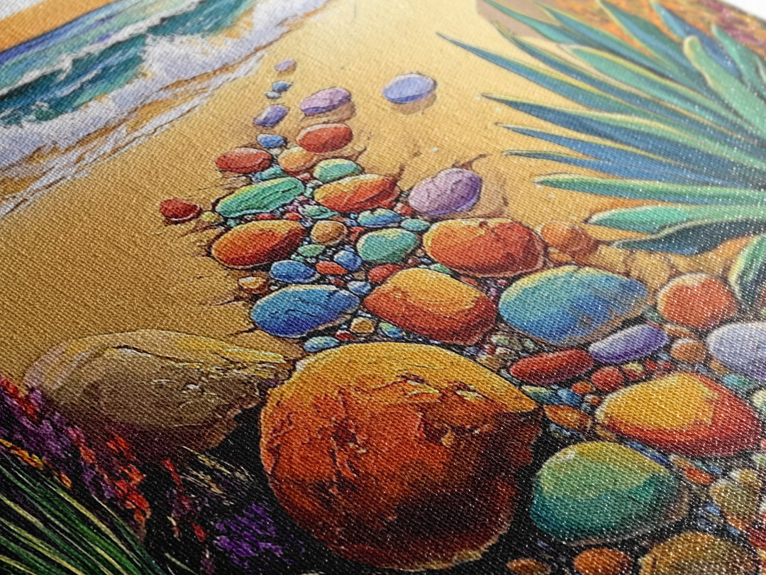 Beach Path, Ocean, Sunset, Canvas Print, Colorful beach path with stones and ocean waves, vibrant coastal Living Room Wall Art