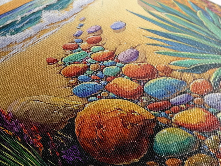 Beach Path, Ocean, Sunset, Canvas Print, Colorful beach path with stones and ocean waves, vibrant coastal Living Room Wall Art