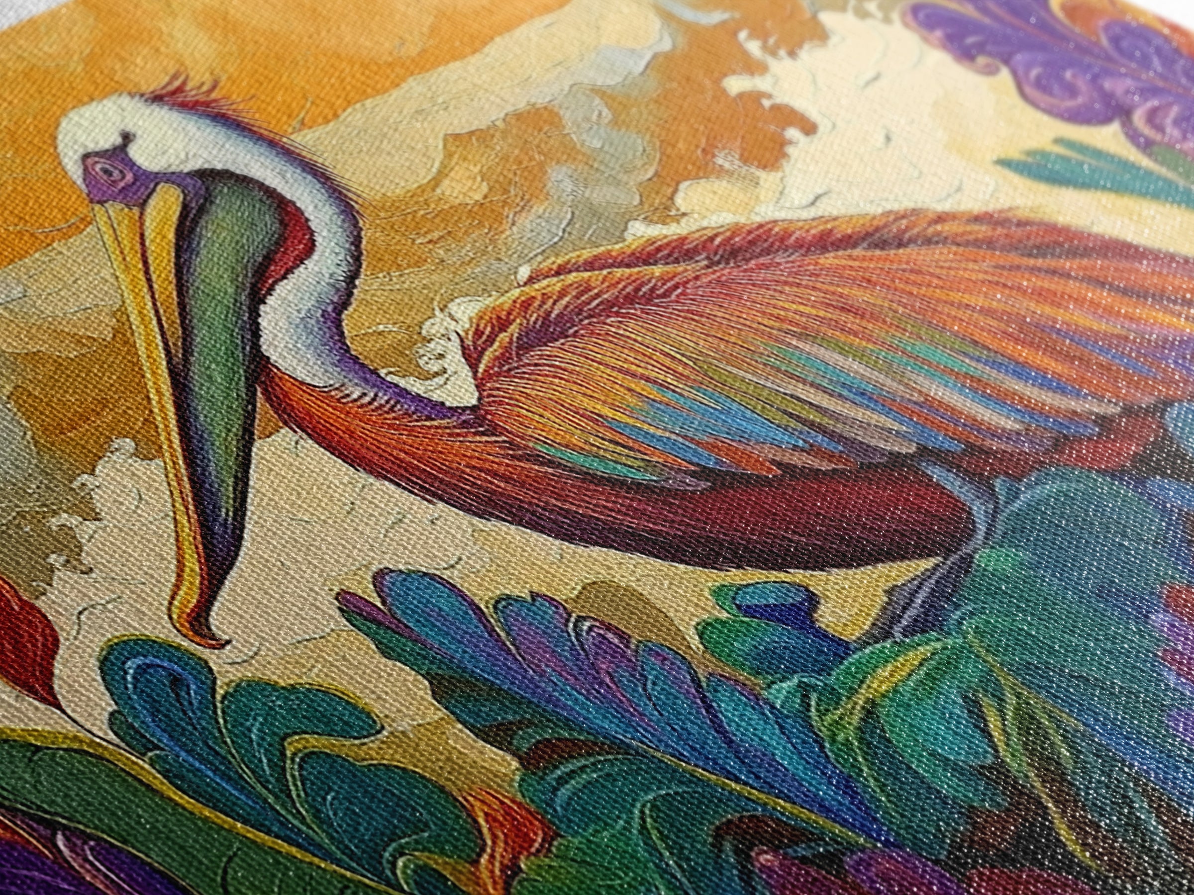 Pelican, Waves Tropical, Canvas Print, Bright tropical pelican artwork with ocean waves and foliage, great Bathroom Wall Art