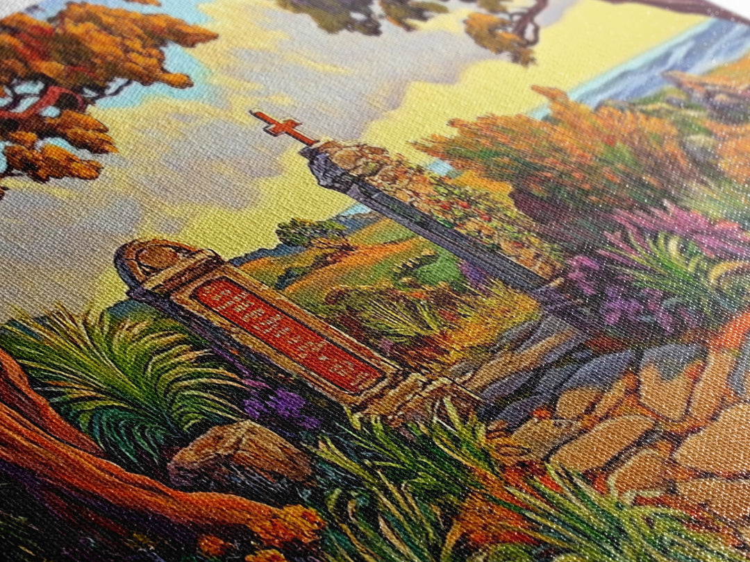 Cross Memorial, Sunset, Framed Canvas Print, Peaceful Autumn scene with cross and mountain view, ideal Fall Living Room Wall Art