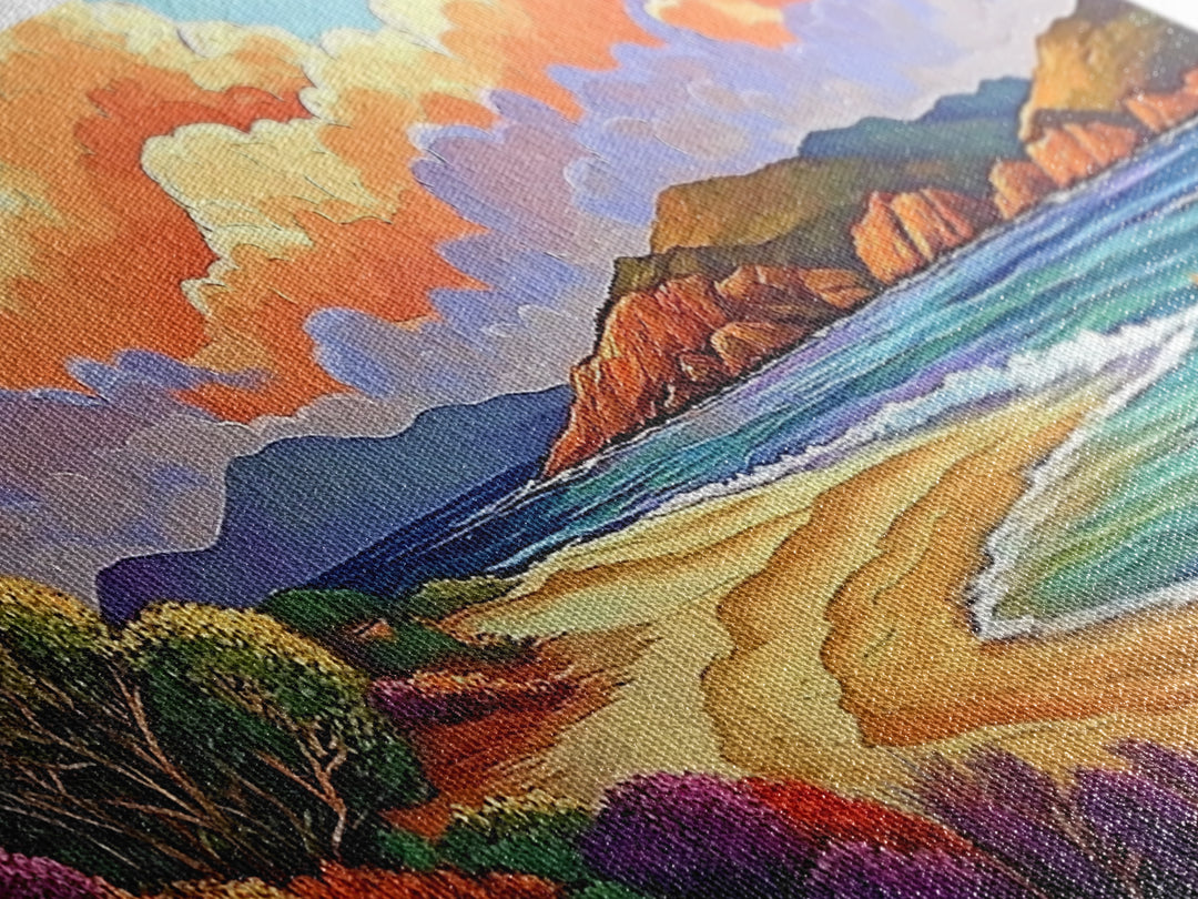 Beach Clouds, Coastal, Pastel, Framed Canvas Print soft tropical seascape painting, ocean view boho art, serene living room print