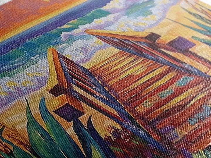 Beach Boardwalk, Sunset, View, Framed Canvas Print, boardwalk to beach, Coastal Entryway Art, sunset seascape painting, ocean cottage