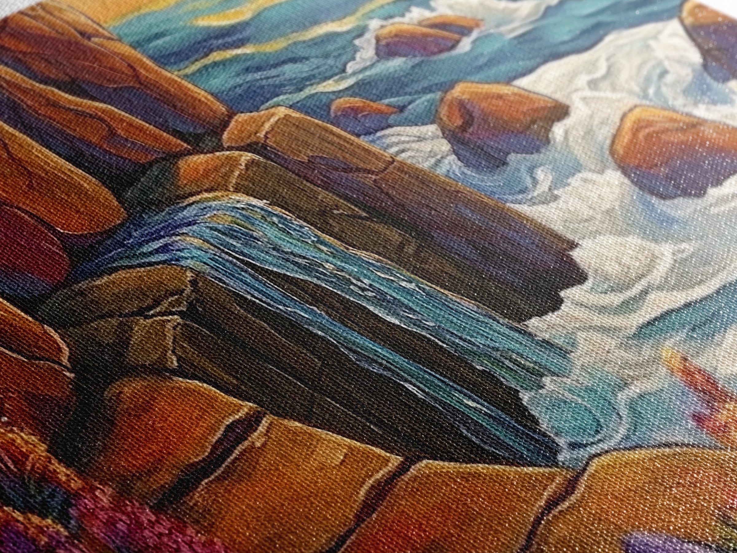 Cliffside Waterfall, Ocean Swirls, Sunset Tide, Framed Canvas Print, Nature Landscape Wall Art, Bold Boho Living Room Decor