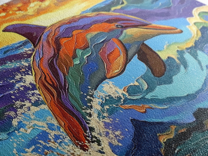 Dolphin Ocean, Sunset, Vibrant, Jumping Dolphin Canvas Print, Beach House Wall Art, Vibrant Ocean Scene, Kids Room Decor, Summer Art